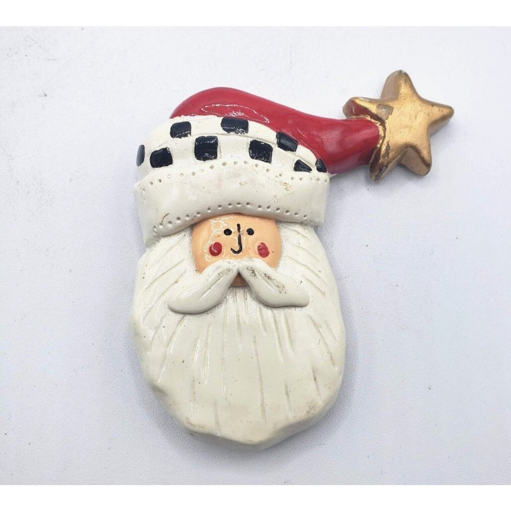 Vintage Polymer Sculpted Hand Painted Santa Head Brooch Pin